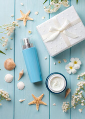 Plakat Top-down view of beauty products, starfish, and delicate white flowers, conveying a calm and natural spa theme.