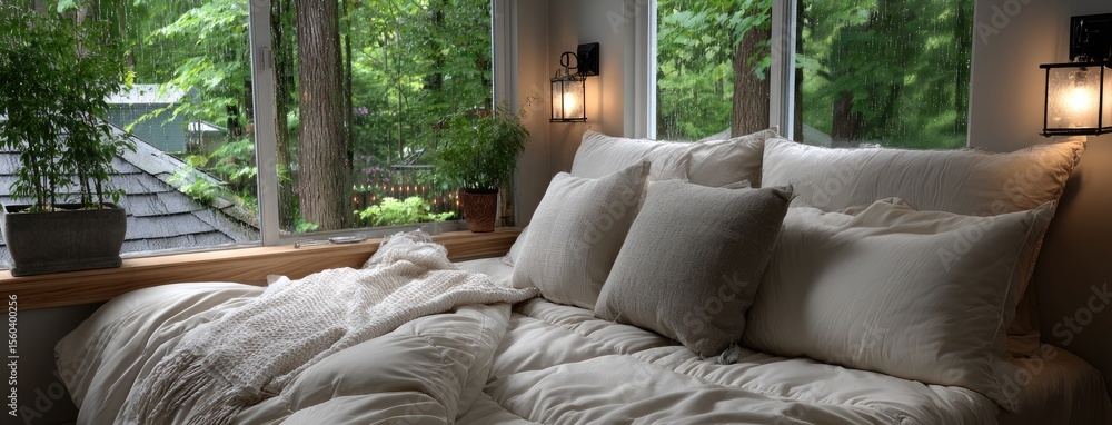 Poster cozy bed with white sheets and pillows in front of a window as rain falls outside, creating a serene