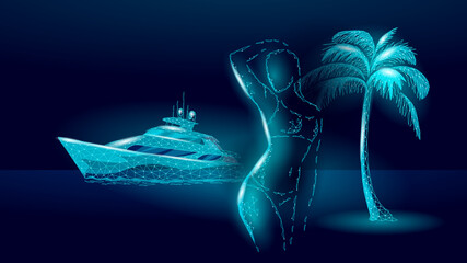 Polygonal luxury yacht woman palm tree illustration. Futuristic vacation escape leisure trip adventure art. Travel tourism relaxation destination lifestyle. Dark blue background blue low poly vector