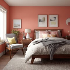 "Coral walls add a warm and cheerful vibe to a cozy bedroom.