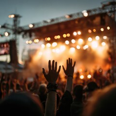 Fans raise their hands and cheer at an outdoor summer concert 