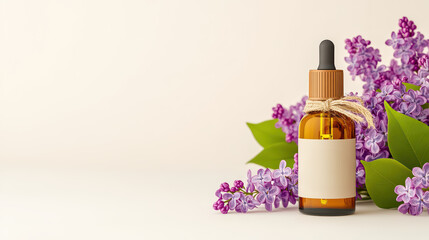 Amber dropper bottle with blank label surrounded by fresh lilac flowers and green leaves on a light background.