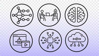 AI education icons technology. Machine learning symbols future education innovation. AI training robotics data science. Black line art style vector icons on gradient background