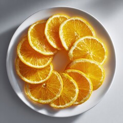 Juicy orange slices are arranged neatly on a white plate