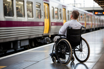 A sad man in wheelchair looking at train in railway platform. wheelchair difficulty, physical disability. 
