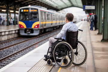A sad man in wheelchair looking at train in railway platform. wheelchair difficulty, physical disability. 