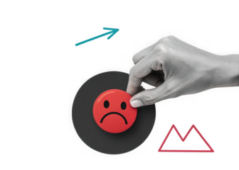 Hand placing sad face emoji on dark circle with upward arrow and graph isolated on transparent background