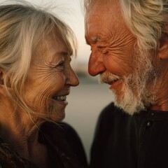 Two elderly partners smile at each other, showing a lifetime of love.
