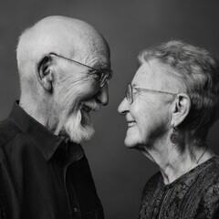 Two elderly partners smile at each other, showing a lifetime of love. 