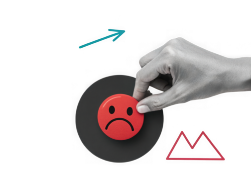 Hand placing sad face emoji on dark circle with upward arrow and graph isolated on transparent background