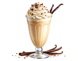Vintage Café-Style Vanilla Frappe with Whipped Topping and Dark Chocolate Curls, Transparent PNG Clip Art