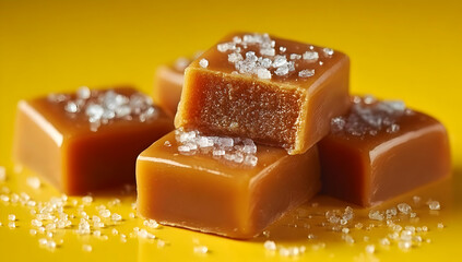 Delicious caramel cubes sprinkled with coarse sugar, perfect for satisfying your sweet tooth on a bright yellow background.