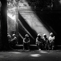 Workers take a midday break, relaxing in the warm noon sunlight