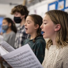 Young singers practice chorus parts in a music classroom.