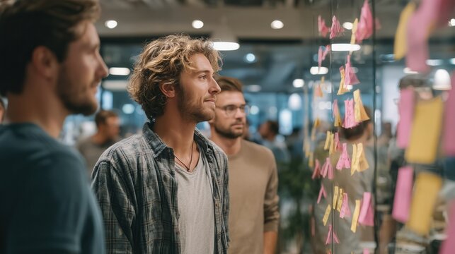 Team of colleagues brainstorming with sticky notes on glass wall in modern open - plan office, collaborative workspace for creative ideas and project planning – ideal for wallpaper, poster - Powered by Adobe