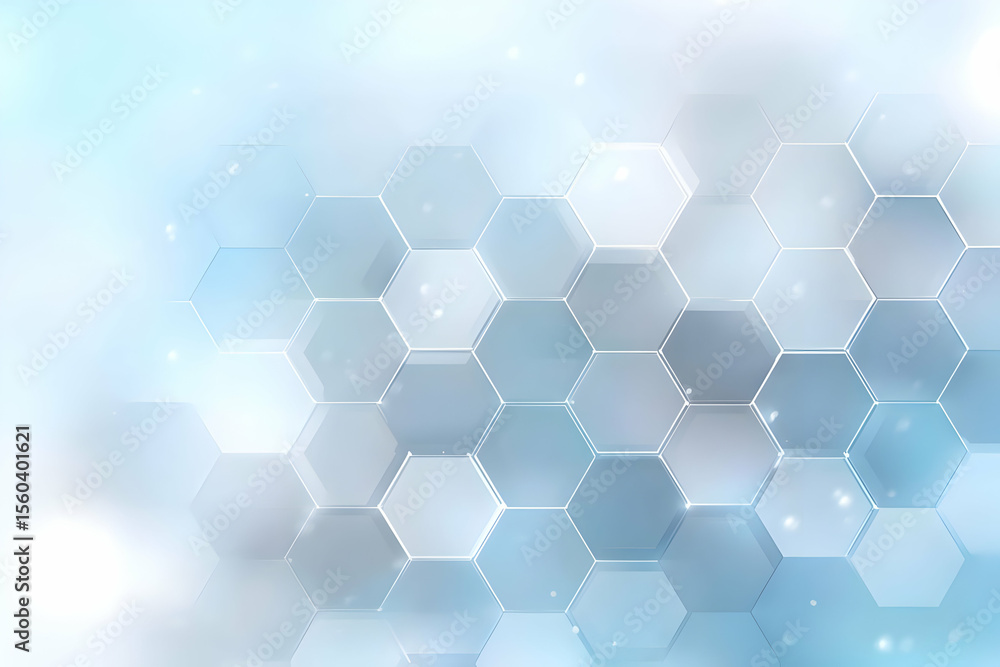 Poster a modern, abstract hexagonal pattern in soft blue tones, ideal for technology backgrounds or digital