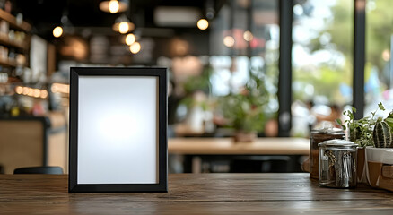 A blank frame on a rustic wooden table in a cozy cafe, perfect for displaying menus or artwork in a relaxed environment.