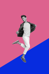 Exclusive artwork banner creative collage of happy girl guy dance chill party relax weekend...