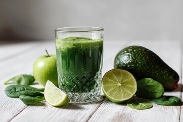 Fototapeta premium Grüner Smoothie Detox Drink Avocado Spinat Limette Apfel Superfood Saft gesund Vegan Vitamindrink Clean Eating Frühstück Entgiftung Immunbooster Frische Energie Diät Smoothie grün Power