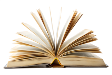 Open book with many pages fanned out on a black background isolated on a transparent background reading