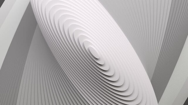 Minimal white repeating ellipse in slow looped rotation. Abstract background in gray color. Modern background for business, event, party, carnival, celebration, anniversary or other. 3D rendering.