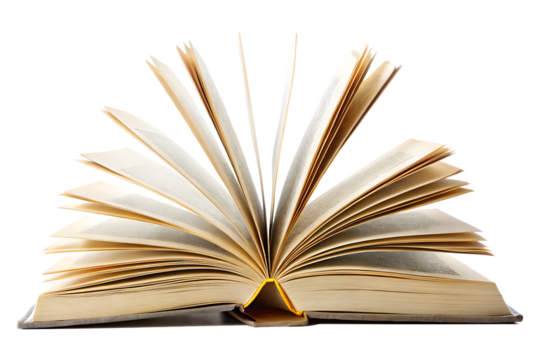 Open book with many pages fanned out on a black background isolated on a transparent background reading - Powered by Adobe