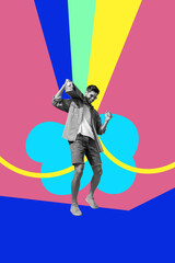 Exclusive artwork banner creative collage of happy girl guy dance chill party relax weekend...