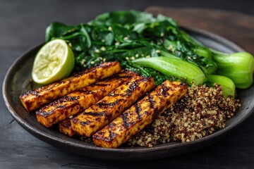 Fototapeta premium Gegrillter Tofu Quinoa Bowl vegan Protein Mahlzeit Gemüseplatte gesund Brokkoli Bowl pflanzlich Low Carb High Protein Tofu Gericht asiatisch Clean Eating Fitness Food Mittagessen Grillgemüse