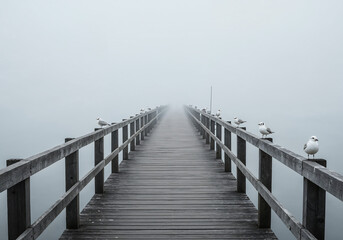 Fototapeta premium Tranquil Pier Leading into Foggy Lake with Seabirds Perched on Posts in Minimalist Monochrome Morning Light