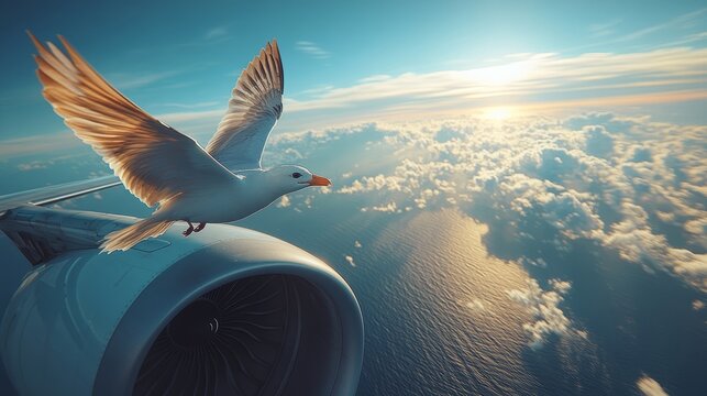 A bird gracefully glides alongside an airplane wing, embraced by a breathtaking sunset illuminating the ocean below