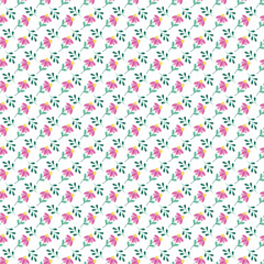 Seamless Pattern of Pink Flowers With Green Leaves on a White Background