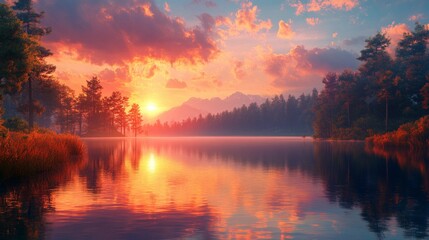 Sunset over a lake with reflection in water and silhouettes of trees. Suitable for wallpapers and backgrounds related to nature and tranquility.