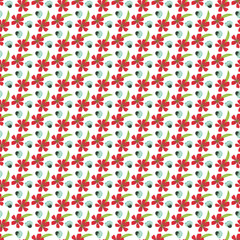 Seamless Floral Pattern with Red Flowers and Green Leaves on White Background