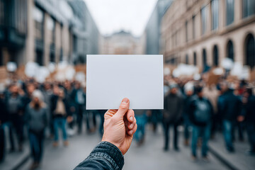 Individuals participate in a demonstration, raising blank signs in a lively urban environment filled with supporters