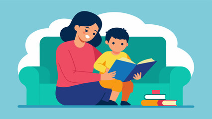 A mother and her child sitting on the couch looking through a memory book filled with photos and stories of their family vacations and special moments.. Vector illustration