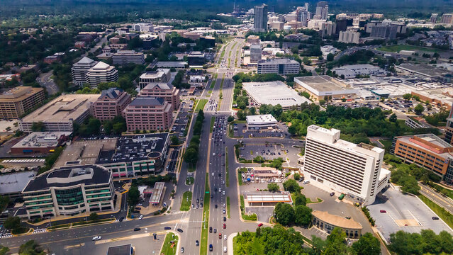 Modern City Life in Tysons Virginia Busy streets, office complexes, and suburban sprawl.