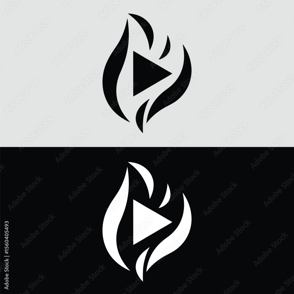 Poster a black play button encased in flames is displayed against a split gray and black background, repres