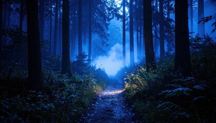 Obraz premium Mystical Blue Twilight Forest Trail with Rising Steam and Glistening Path