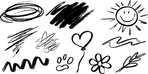 Creative chaos: hand drawn doodles with sun, heart, and abstract scribbles