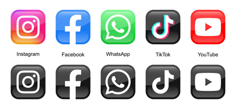Instagram, Faceboo, WhatsApp, Tiktok, YouTube logo 3d icons. Social media icons button. Most popular social networks