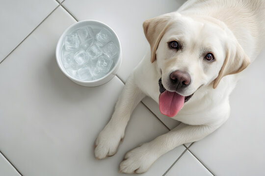 A cheerful labrador retriever enjoys the coolness of ice cubes placed in a bowl nearby on a sunny day