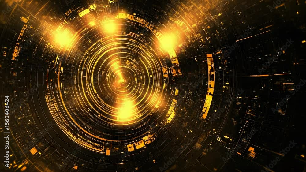 Poster abstract golden circular tunnel background animation with light effects and reflections