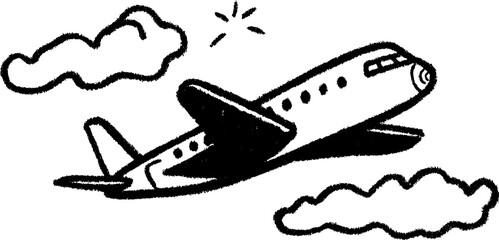Hand-drawn sketch of a toy airplane with simple wings and clouds