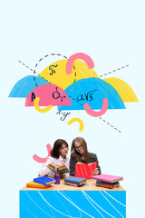 Bold visual mashup. Two students study with colorful books and math formulas on a bright abstract...