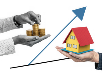 Hands exchanging money for a house with an upward trend arrow isolated on transparent background