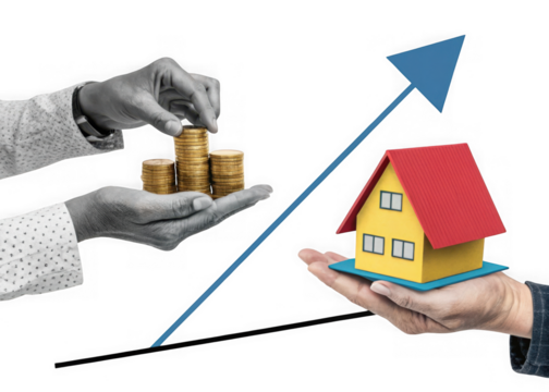 Hands exchanging money for a house with an upward trend arrow isolated on transparent background