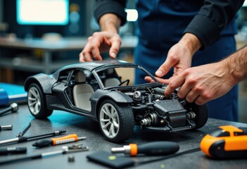 Technician assembling a detailed scale model of a sports car in a workshop setting