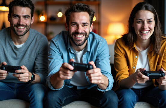 Three friends sit on a sofa playing video games together, smiling and enjoying a casual indoor gaming session