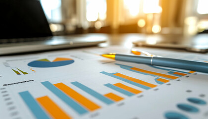 Close-up of financial charts and pen beside a partially visible laptop.