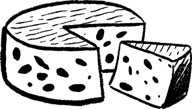 Rustic sketch of aged cheese wheel with wedge cut for gourmet design